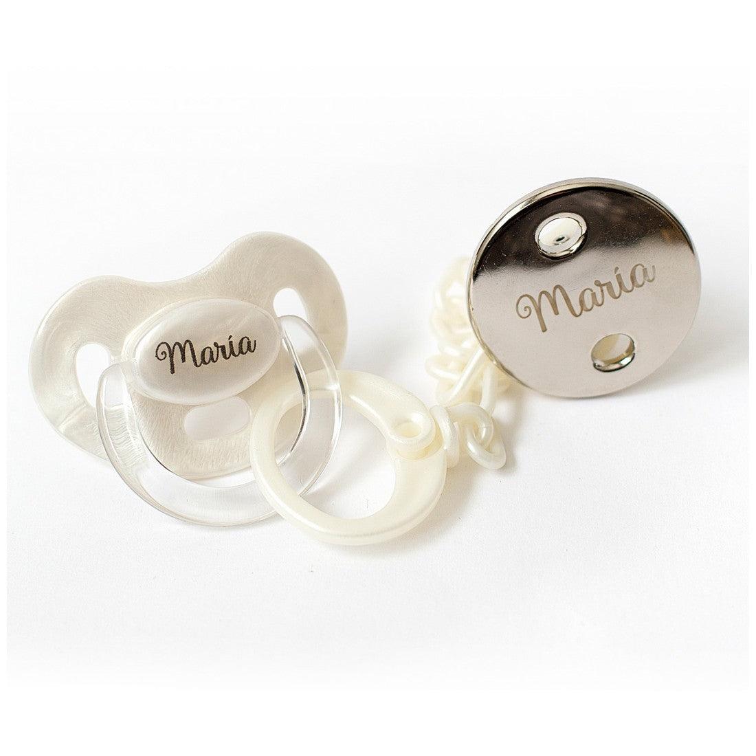 Chupete con Broche Premium Personalizados Perlado/Plata Boann - Nanetes #